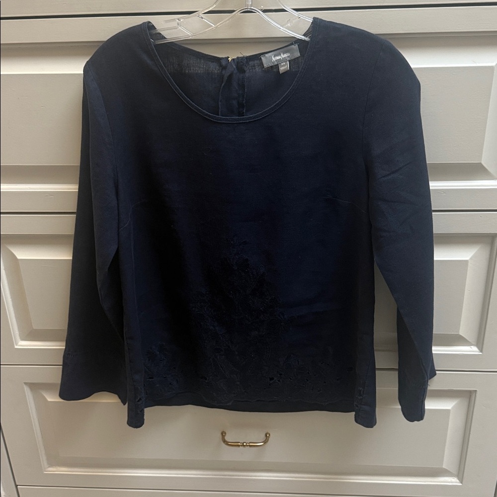 Navy linen top with embroidery